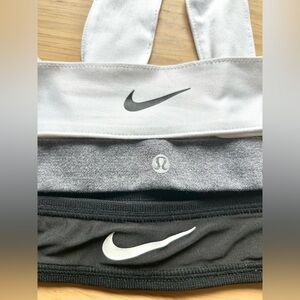 3 ATHLETIC HEADBANDS: NIKE, LULULEMON, NIKE (TIE HEADBAND)